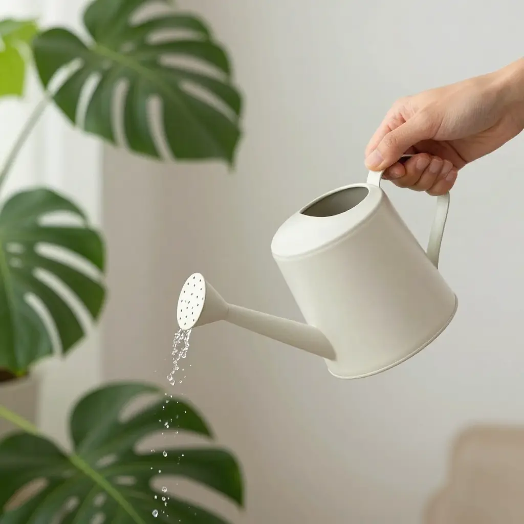 Person gently watering indoor plants with a stylish watering can